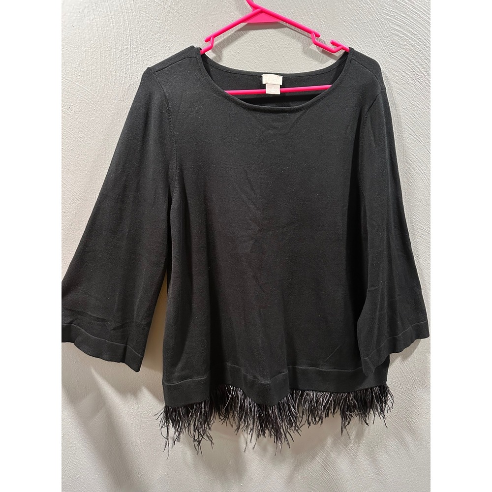 Chicos Black Knit Feather Trim Sweater Top Size 2 Large 3/4 Sleeve Scoop Neck